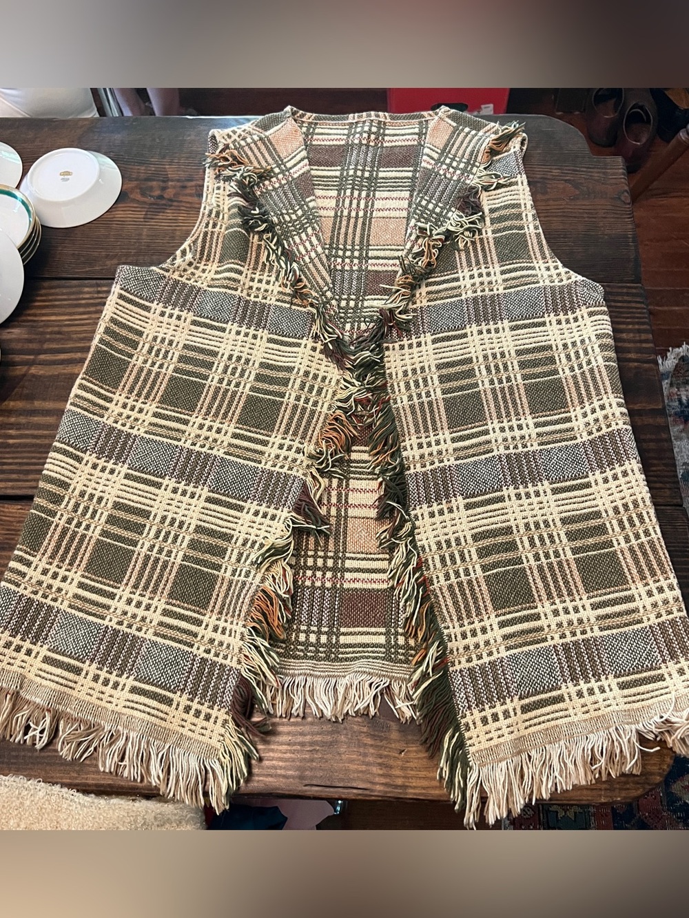 Fringe plaid sleeveless blanket vest tan brown green